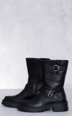 Prettylittlething Black Buckle Detail Mid Calf Chunky Ankle Boots Black -Pretty Soles Shop 00c73448620cd22b884d95cc62f5812d788062c2 cnf5426 4