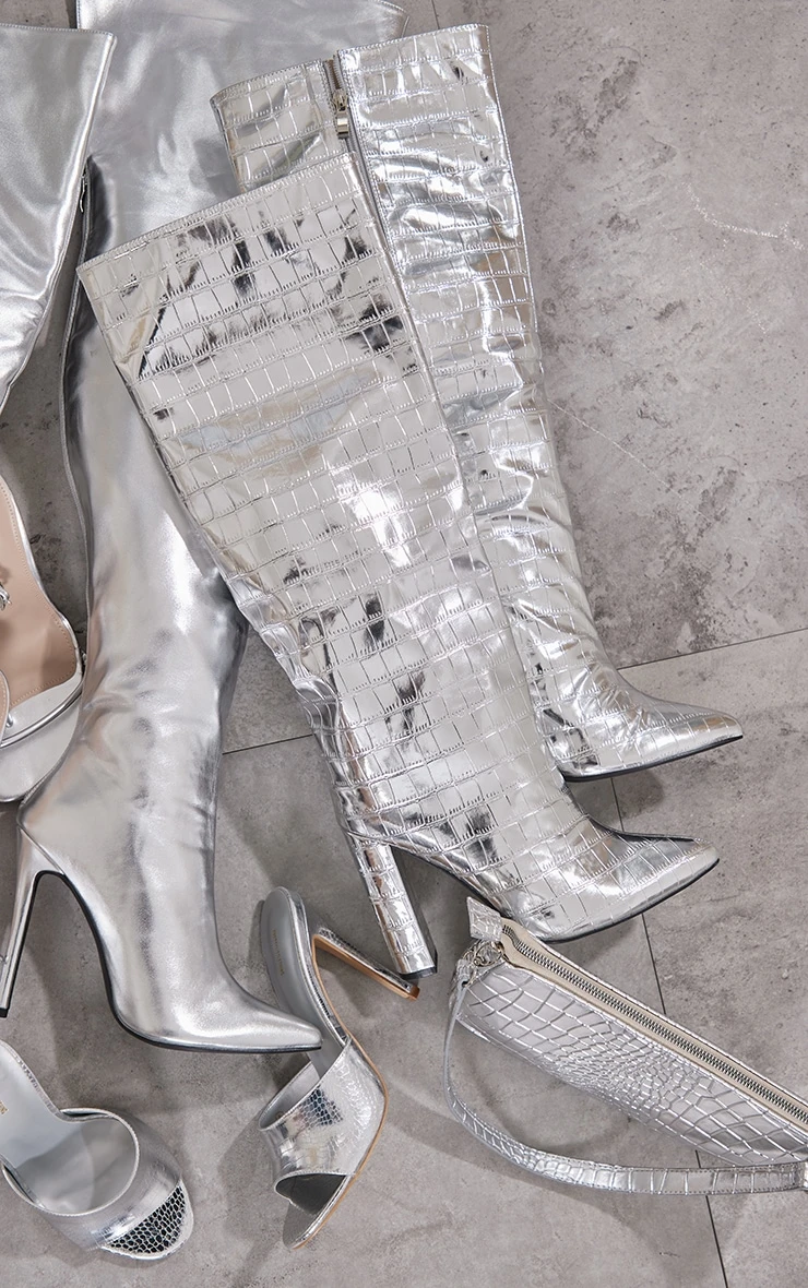 Prettylittlething Silver Wide Fit Metallic Point Toe Croc Block High Heeled Knee Boots Silver 3 Prettylittlething Silver Wide Fit Metallic Point Toe Croc Block High Heeled Knee Boots Silver - Image 3