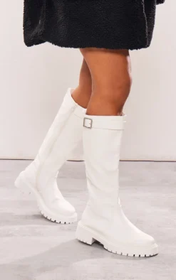 Prettylittlething White Wide Fit PU Chunky Flat Knee High Buckle Boots White