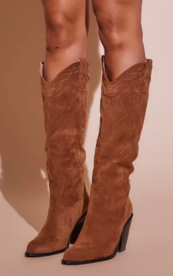 Prettylittlething Brown Faux Suede Stitch Detail Pull On Western Knee Heeled Boots Brown -Pretty Soles Shop 08dba32e919106aca6546a8057170b082f2ba006 cnc7985 3
