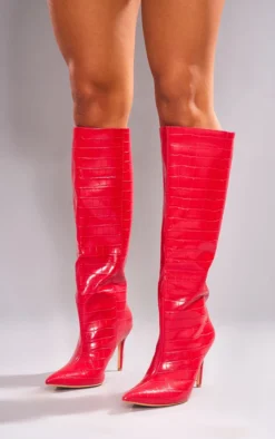 Prettylittlething Red PU Croc Point Toe Stiletto Heeled Knee High Boots Red -Pretty Soles Shop 0930520c75dce2fda8973b116f76ad4a908d0ab9 cng8932 3