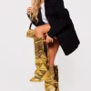 Prettylittlething Gold Metallic Pu Fold Over Knee Block Heeled Boots Gold