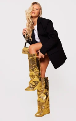 Prettylittlething Gold Metallic Pu Fold Over Knee Block Heeled Boots Gold