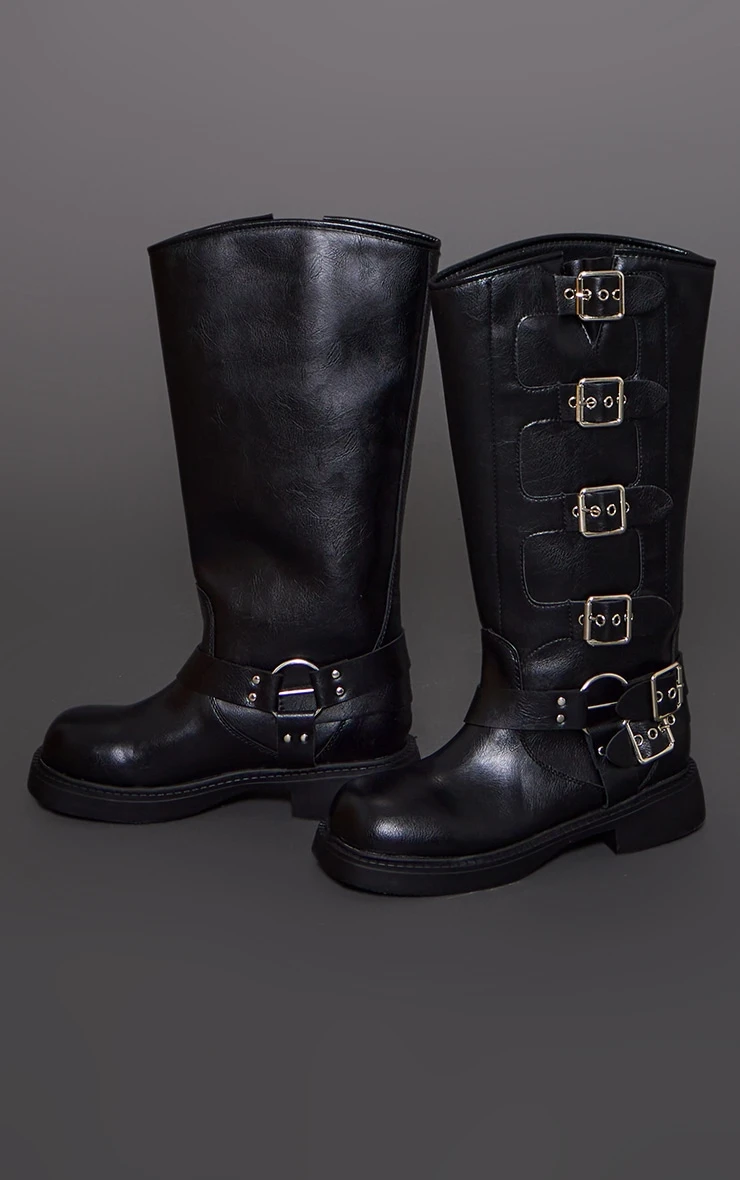 Prettylittlething Black Faux Leather Square Toe Buckle Detail Knee Boots Black 3 Prettylittlething Black Faux Leather Square Toe Buckle Detail Knee Boots Black - Image 3