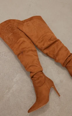 Prettylittlething Camel Faux Suede Point Toe Studded Over The Knee Heeled Western Boots Camel -Pretty Soles Shop 1019b854267424244345c40f99e25a4ed19d39cb cnf9118 3