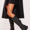 Prettylittlething Black Wide Fit Pu Slip On Knee High Boots Black