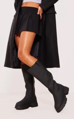 Prettylittlething Black Wide Fit Pu Slip On Knee High Boots Black