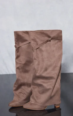 Prettylittlething Deep Taupe Faux Suede Fold Over Knee High Block Heeled Boots Deep Taupe -Pretty Soles Shop 1105c776f21af6ecf261897ec4f043836d662471 cnf1432 3