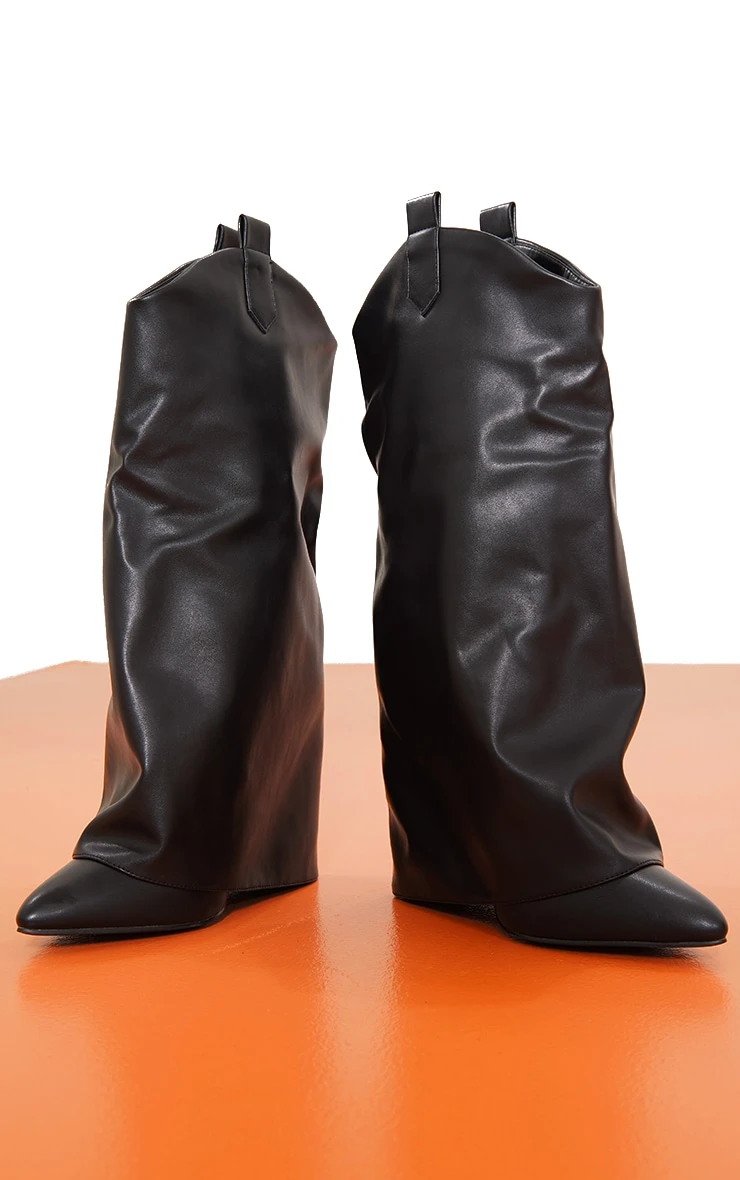 Prettylittlething Black Wide Fit Pu Point Toe Fold Over High Heeled Calf High Boots Black 3 Prettylittlething Black Wide Fit Pu Point Toe Fold Over High Heeled Calf High Boots Black - Image 3