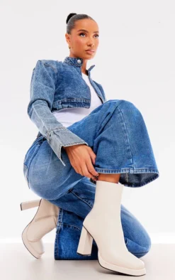 Prettylittlething Cream Faux Leather Square Toe Block Heeled Ankle Boots Cream