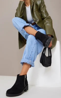 Prettylittlething Black Faux Suede Zip Ankle Boots Black