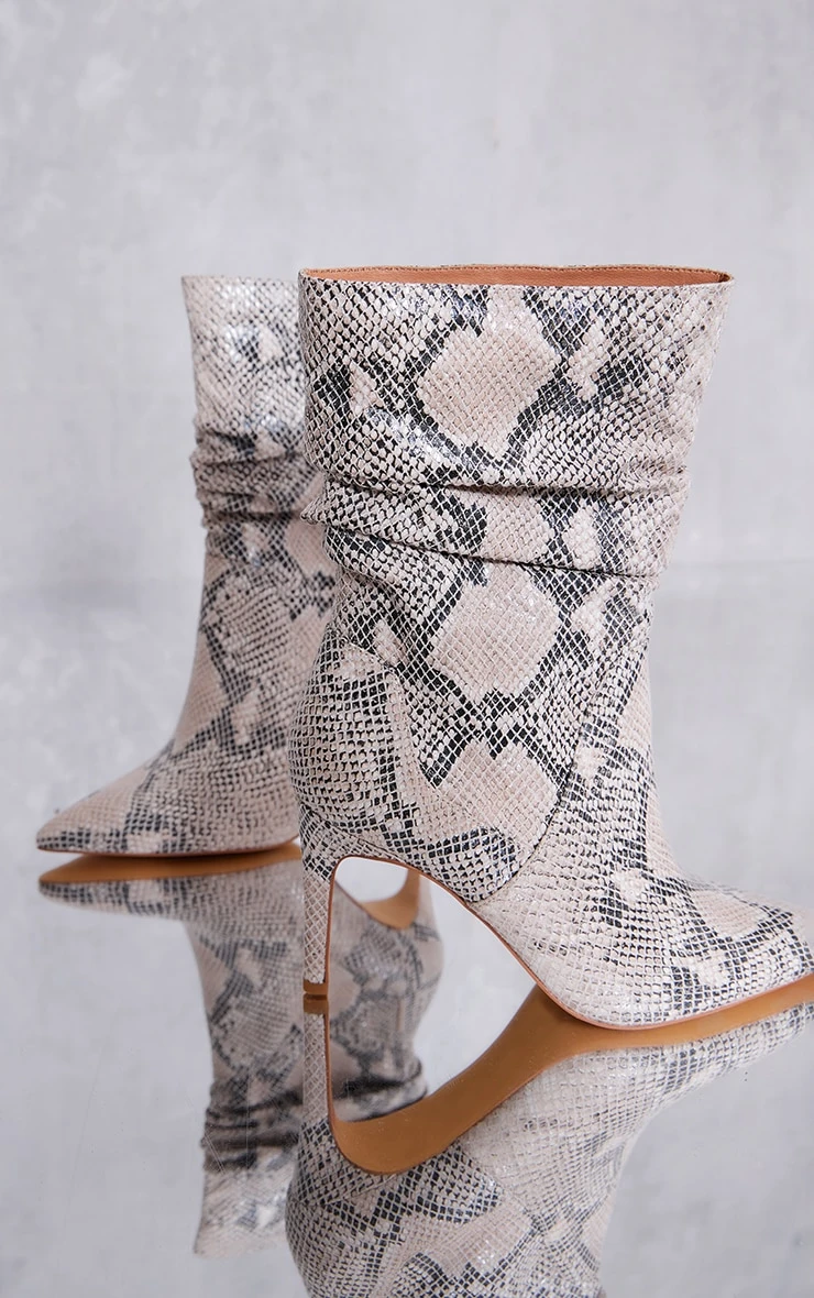 Prettylittlething Snake Print PU Point Toe Ruched High Heeled Ankle Boots Snake Print 4 Prettylittlething Snake Print PU Point Toe Ruched High Heeled Ankle Boots Snake Print - Image 4