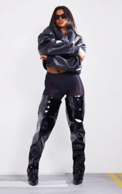 Prettylittlething Black Wide Fit Patent PU Extreme Point Over The Knee Ruched Boots Black