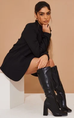 Prettylittlething Black PU Toe Cap Flare Heeled Knee Boots Black