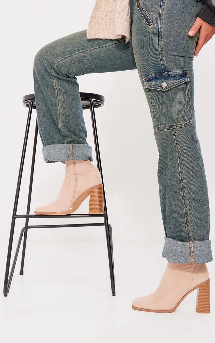 Prettylittlething Sand Wide Fit Faux Suede Block Heeled Sock Ankle Boots Sand 2 Prettylittlething Sand Wide Fit Faux Suede Block Heeled Sock Ankle Boots Sand - Image 2