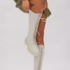 Prettylittlething Off White Wide Fit Pu Round Toe Combat Knee Boots Off White