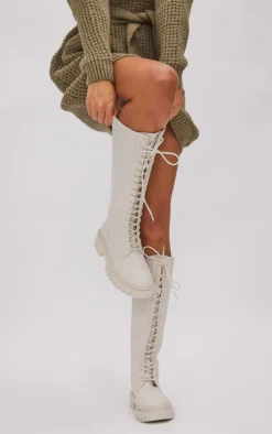 Prettylittlething Off White Wide Fit Pu Round Toe Combat Knee Boots Off White