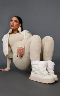 Prettylittlething Cream Faux Fur Lace Up Ankle Boots Cream