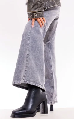 Prettylittlething Black Faux Leather Square Toe Block Heeled Ankle Boots Black