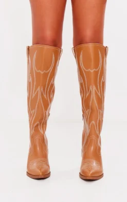 Prettylittlething Tan PU Point Toe Western Knee High Boots Tan -Pretty Soles Shop 210a50aeb191ecdf5ac5506431d298c5a3a2ae8b cnf9053 3