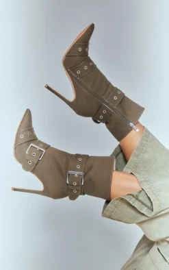 Prettylittlething Khaki Twill Point Toe Buckle Detail Heeled Ankle Boots Khaki