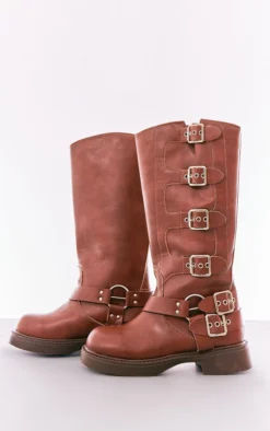 Prettylittlething Brown Faux Leather Square Toe Buckle Detail Knee Boots Brown -Pretty Soles Shop 2397c5080f5ab7ec108c3811414c9228878b6628 cnf5452 3