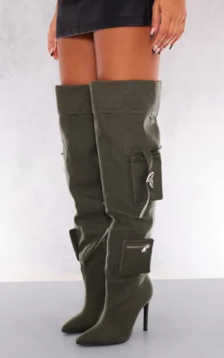 Prettylittlething Khaki Wide Fit Denim Utility Over The Knee Heeled Boots Khaki -Pretty Soles Shop 24e453b093a30d345d09ba707e566e2327f42939 cnf9078 3