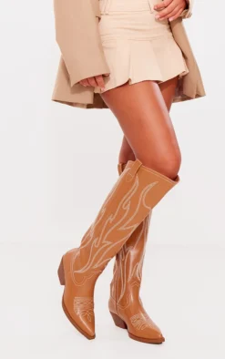 Prettylittlething Tan PU Point Toe Western Knee High Boots Tan
