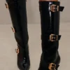 Prettylittlething Black PU Patent Point Toe Buckle Knee High Heeled Boots Black