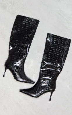 Prettylittlething Black Faux Leather Croc Square Toe Low Heeled Knee Boots Black -Pretty Soles Shop 281a8d67d4163eb2b536391d85c6c92e91dc6c15 cnf0104 4