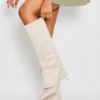 Prettylittlething Cream Faux Suede Square Toe Fold Over Low Heeled Knee High Boots Cream