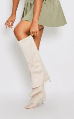 Prettylittlething Cream Faux Suede Square Toe Fold Over Low Heeled Knee High Boots Cream