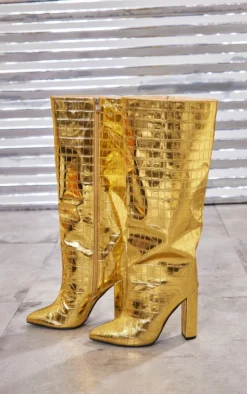 Prettylittlething Gold Wide Fit Metallic Point Toe Croc Block High Heeled Knee Boots Gold -Pretty Soles Shop 2966e3d606396271a694d6fae0bb5e82856d1850 cmz0741 4