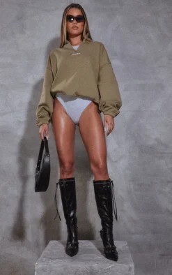 Prettylittlething Black PU Zip Detail Point Toe Mid Heeled Knee Boots Black