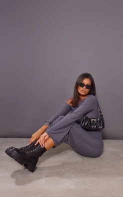 Prettylittlething Black Lace Up Chunky Sole Combat Boots Black