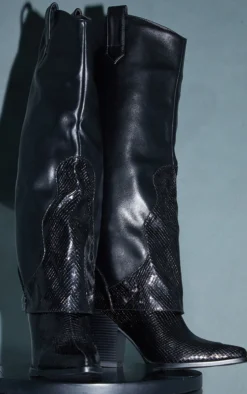 Prettylittlething Black Matte PU Snake Western Fold Knee Boots Black -Pretty Soles Shop 2b5bdd7c0efe0cc0d9bbb4dabe87d585bdbe2fe5 cms9042 4