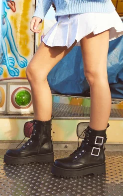 Prettylittlething Black Faux Leather Round Diamante Buckle Chunky Lace Up Ankle Boots Black