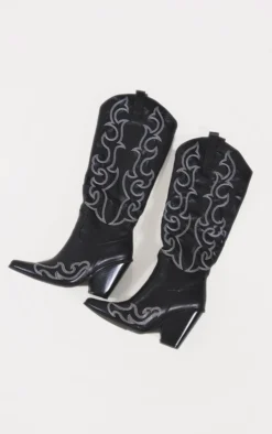 Prettylittlething Black Faux Leather Contrast Stitch Detail Western Knee Boots Black -Pretty Soles Shop 33ec6dc36549471601c3c3e14471e91ee0daebc8 cnc7984 3