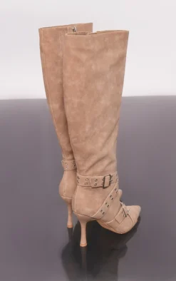 Prettylittlething Beige Faux Suede Point Toe Buckle Strap Knee High Heeled Boots Beige -Pretty Soles Shop 344ac5f496a3c1ba1f75356868c8da46d1462683 cnf9085 4
