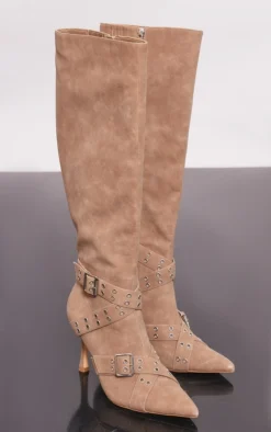 Prettylittlething Beige Faux Suede Point Toe Buckle Strap Knee High Heeled Boots Beige