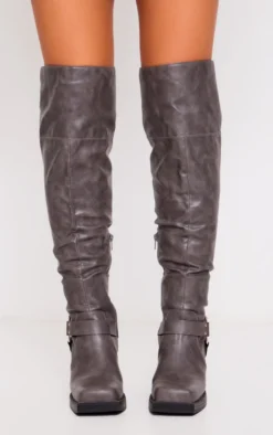 Prettylittlething Grey Faux Leather Square Toe Buckle Detailed Over The Knee Block Heeled Boots Grey -Pretty Soles Shop 3925be1cb57321aff58882e2a8ec975504fb8bdf cnf9012 4