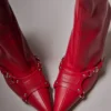 Prettylittlething Red Wide Fit Faux Leather Point Toe Buckle Strap Heeled Calf High Boots Red