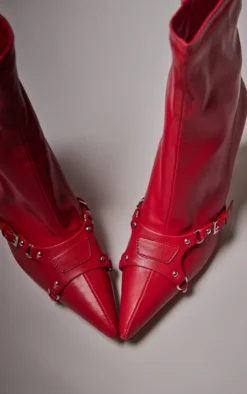 Prettylittlething Red Wide Fit Faux Leather Point Toe Buckle Strap Heeled Calf High Boots Red
