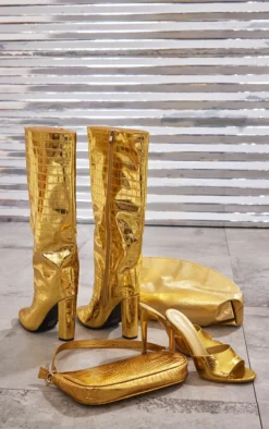 Prettylittlething Gold Wide Fit Metallic Point Toe Croc Block High Heeled Knee Boots Gold -Pretty Soles Shop 3a66a9580fcca2b17262ce3f04dd0ae997669f4a cmz0741 3