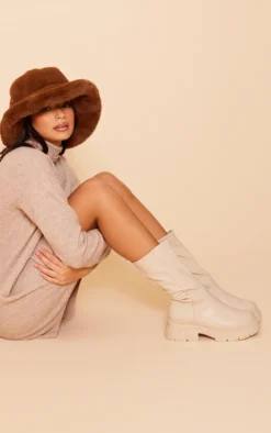 Prettylittlething Beige Wide Fit PU Chunky Platform Calf High Boots Beige