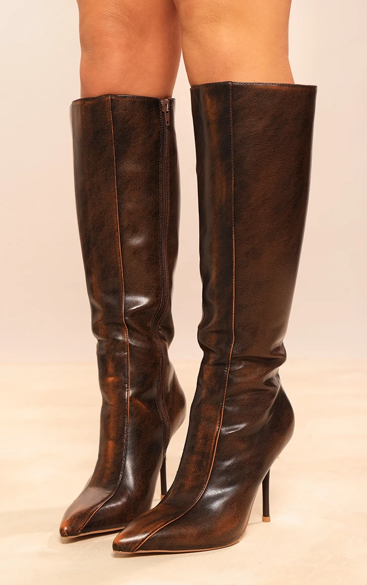 Prettylittlething Brown Pu Point Toe Distressed Knee High Heeled Boots -1 Brown 3 Prettylittlething Brown Pu Point Toe Distressed Knee High Heeled Boots -1 Brown - Image 3