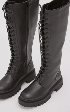 Prettylittlething Black Wide Fit Pu Round Toe Combat Knee Boots Black -Pretty Soles Shop 3dbcbe488d0748b3c51d83f5b8fe13d1dd8e997d cna3595 3