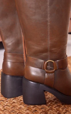 Prettylittlething Brown PU Distressed Square Toe Buckle Block Heeled Knee High Boots Brown -Pretty Soles Shop 3df79aa79eac1a8dcc71350e300203b471b3bd13 cnf9115 4