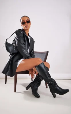 Prettylittlething Black PU Round Toe Stitch Detail High Block Heeled Knee Boots Black