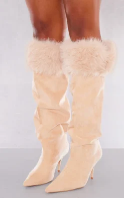 Prettylittlething Camel Wide Fit Faux Suede Point Toe Faux Trim Knee High Heeled Boots Camel -Pretty Soles Shop 45b615056a22596bfd703509f0b4cbe7d57c996d cng4484 3